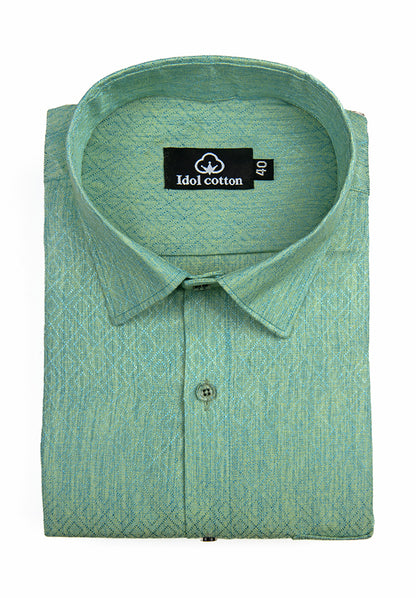 Teal Jacquard Dimond Pattern Cotton Shirt Mint Green Colour