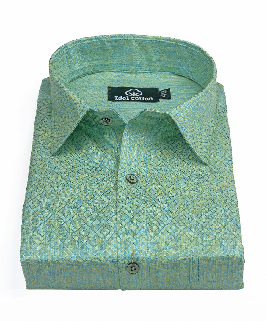 Teal Jacquard Dimond Pattern Cotton Shirt Mint Green Colour