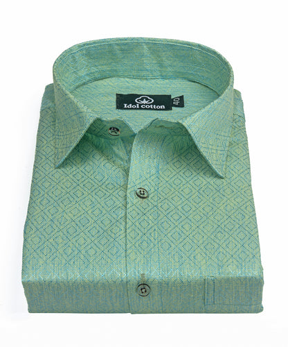 Teal Jacquard Dimond Pattern Cotton Shirt Mint Green Colour