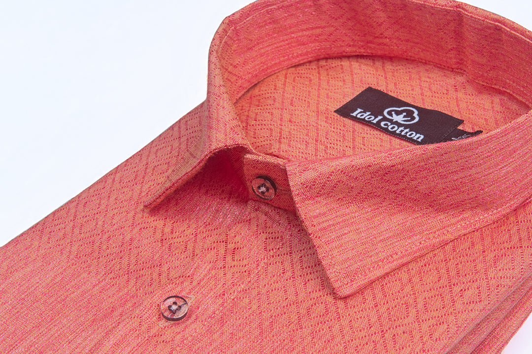 Teal Jacquard Dimond Pattern Cotton Shirt Salmon Pink Colour