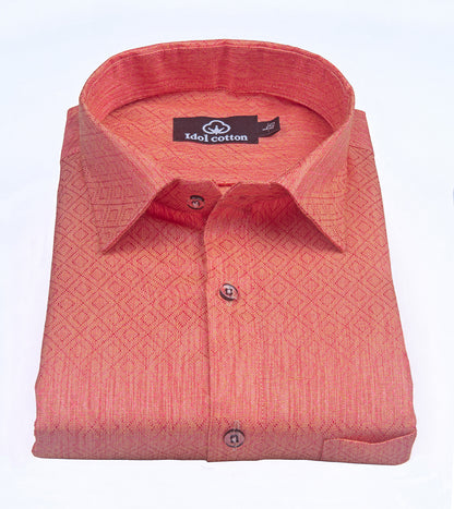 Teal Jacquard Dimond Pattern Cotton Shirt Salmon Pink Colour