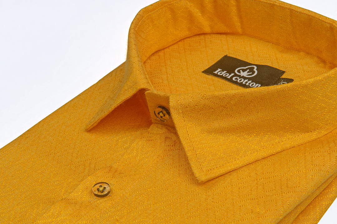 Teal Jacquard Dimond Pattern Cotton Shirt Golden Yellow Colour