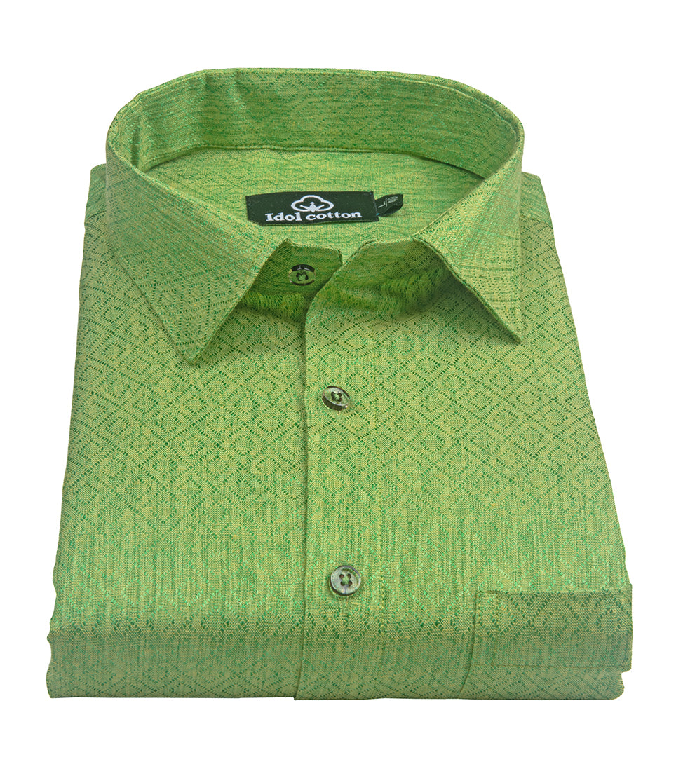 Teal Jacquard Dimond Pattern Cotton Shirt Parrot Green