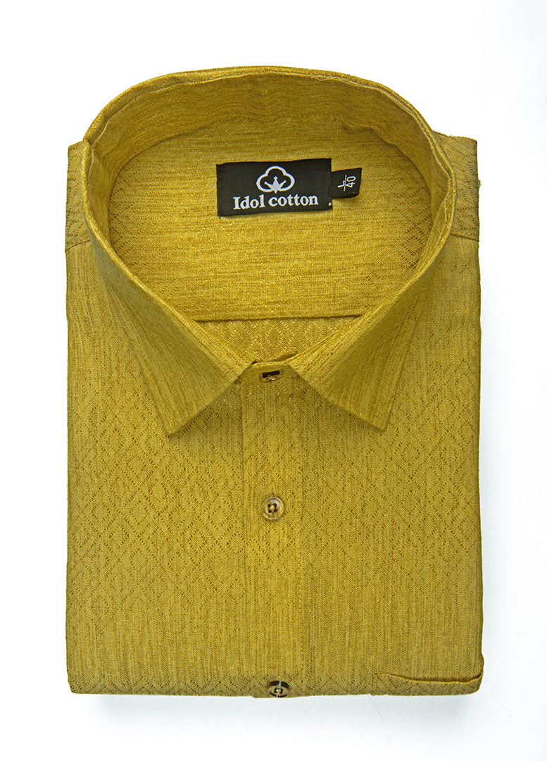 Teal Jacquard Dimond Pattern Cotton Shirt Honey Yellow Colour