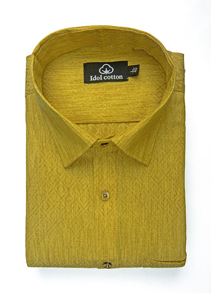 Teal Jacquard Dimond Pattern Cotton Shirt Honey Yellow Colour