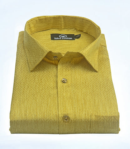 Teal Jacquard Dimond Pattern Cotton Shirt Honey Yellow Colour
