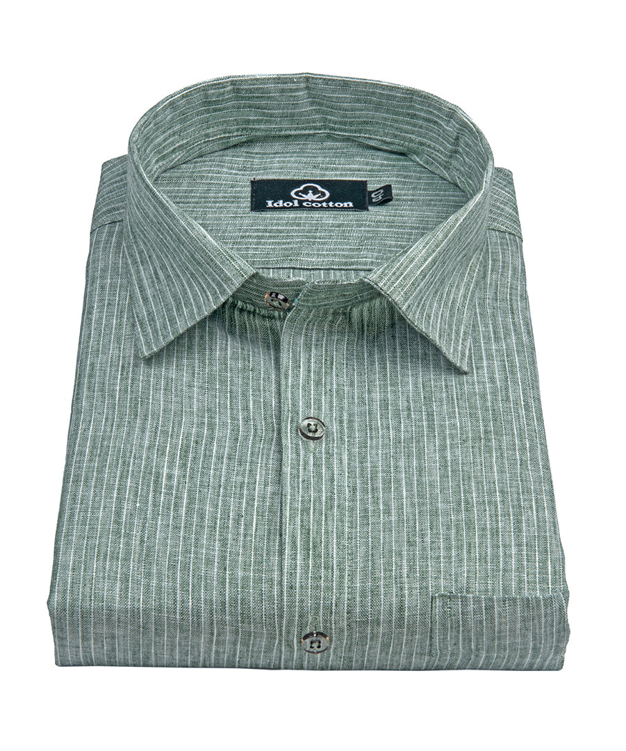 Striped Cotton Formal Shirt Dark Olive Green Color