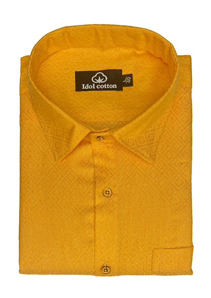 Teal Jacquard Dimond Pattern Cotton Shirt Golden Yellow Colour