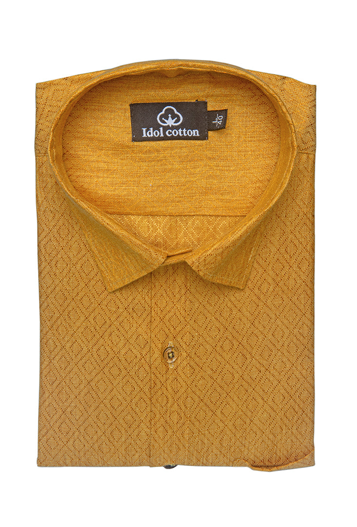 Teal Jacquard Dimond Pattern Cotton Shirt Mustrud yellow Colour