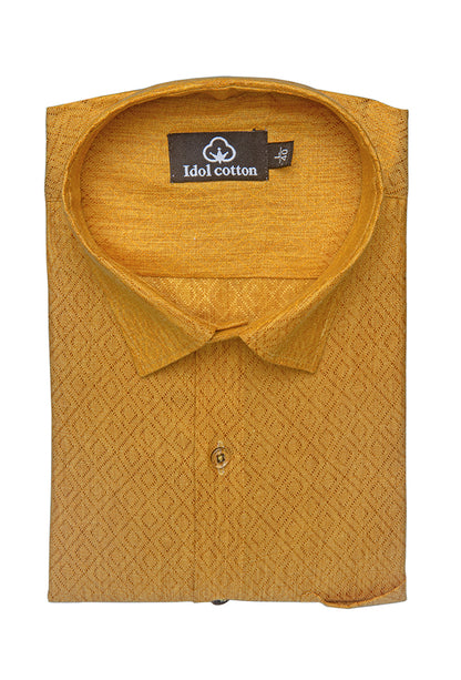 Teal Jacquard Dimond Pattern Cotton Shirt Mustrud yellow Colour