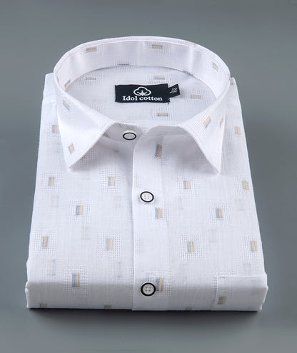 Pure White Linen Butta Geometric Square Print