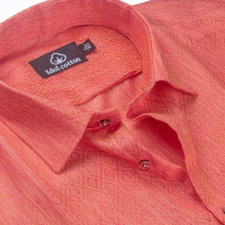 Teal Jacquard Dimond Pattern Cotton Shirt Salmon Pink Colour