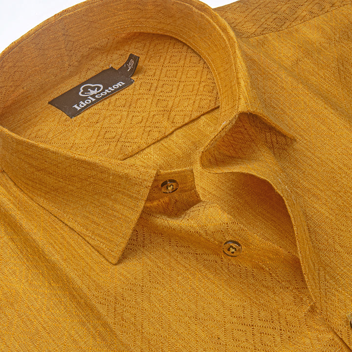 Teal Jacquard Dimond Pattern Cotton Shirt Mustrud yellow Colour