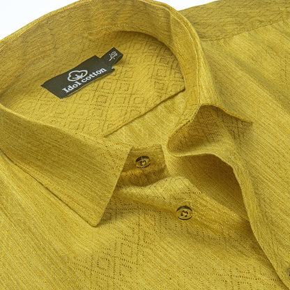 Teal Jacquard Dimond Pattern Cotton Shirt Honey Yellow Colour