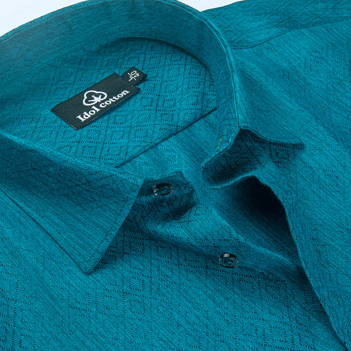 Teal Jacquard Dimond Pattern Cotton Shirt Blue Green Tons Color