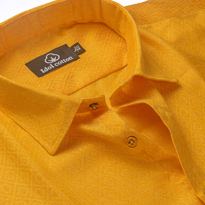 Teal Jacquard Dimond Pattern Cotton Shirt Golden Yellow Colour