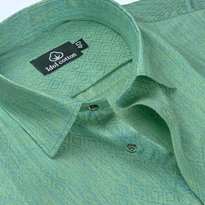 Teal Jacquard Dimond Pattern Cotton Shirt Mint Green Colour
