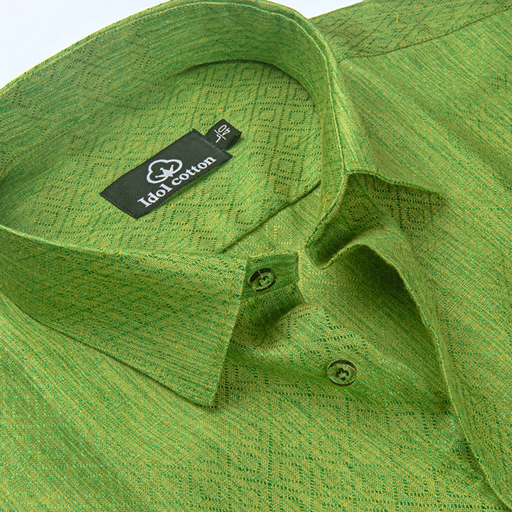 Teal Jacquard Dimond Pattern Cotton Shirt Parrot Green