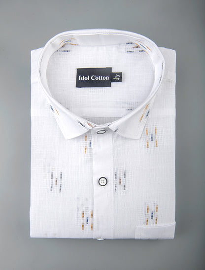 Pure White Linen Butta Print Three Lline Stripes