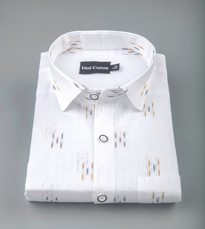 Pure White Linen Butta Print Three Lline Stripes