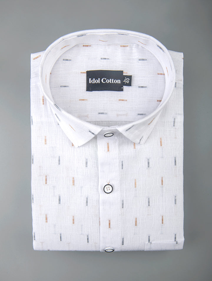 Pure White Linen Butta Print Small Singl Lline Stripes