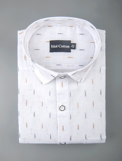 Pure White Linen Butta Print Small Singl Lline Stripes