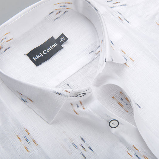 Pure White Linen Butta Print Three Lline Stripes