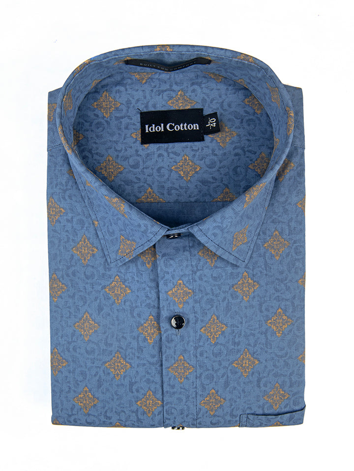 Linen Golden Yellow Geometric Print BlueBbackground