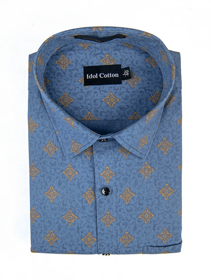 Linen Golden Yellow Geometric Print BlueBbackground