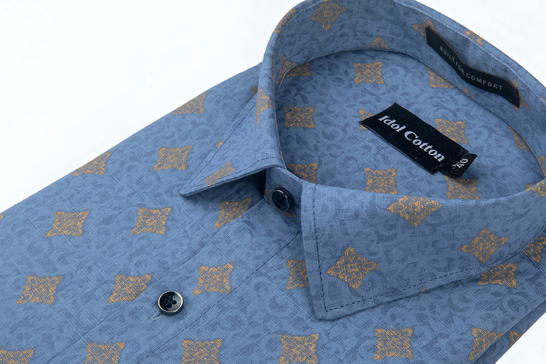 Linen Golden Yellow Geometric Print BlueBbackground