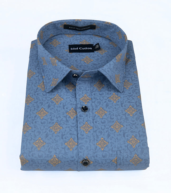 Linen Golden Yellow Geometric Print BlueBbackground