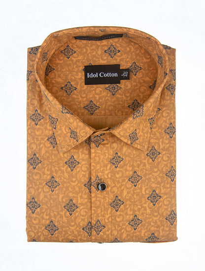 Linen Dark Blue Geometric Print Mustard Yellow Colour