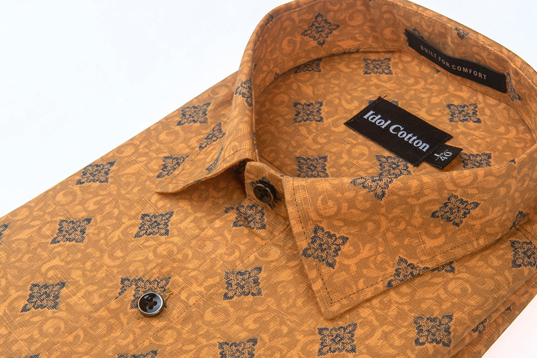 Linen Dark Blue Geometric Print Mustard Yellow Colour