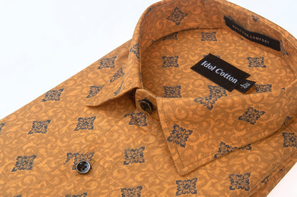 Linen Dark Blue Geometric Print Mustard Yellow Colour