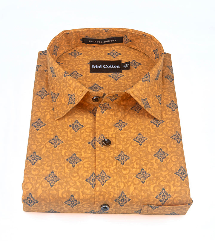 Linen Dark Blue Geometric Print Mustard Yellow Colour