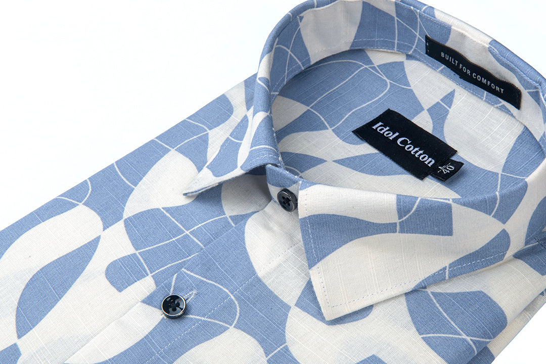Linen Geometric Print Blue And White