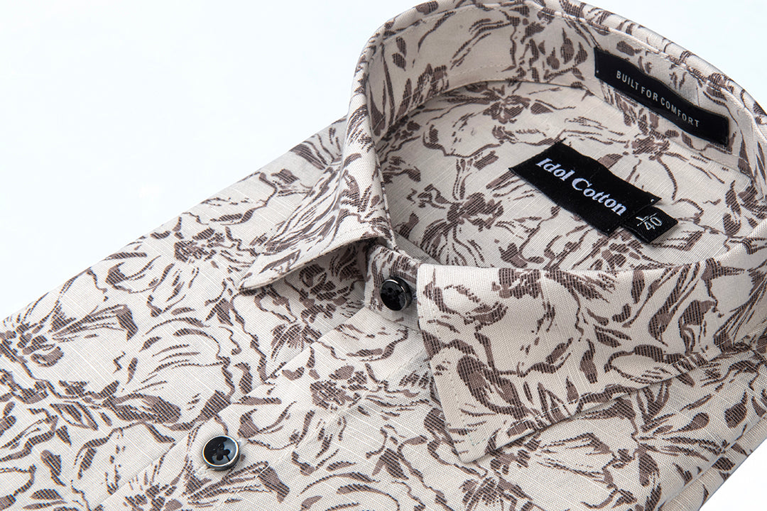 Linen Brown Floral Print Light Belge Background