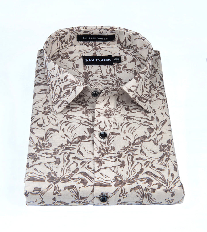Linen Brown Floral Print Light Belge Background