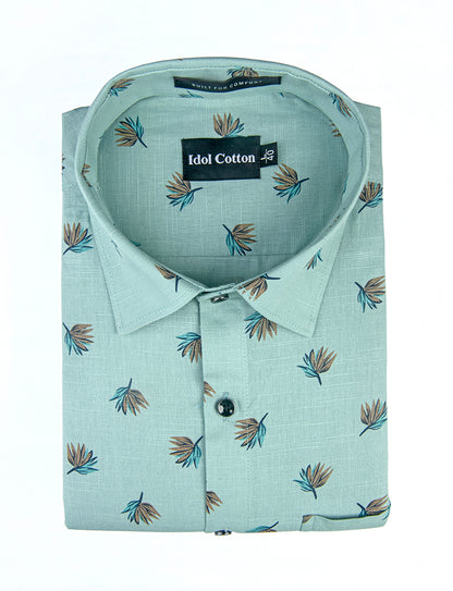 Linen Brown And Teal Leaf Print Light Green Background