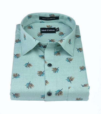 Linen Brown And Teal Leaf Print Light Green Background