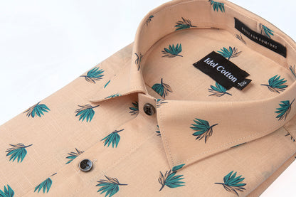 Linen Green And Teal Leaf Print Peach Orange Background 