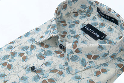 Linen All Over Leafy Vine Print Cream Base Blue And Brown Leaves