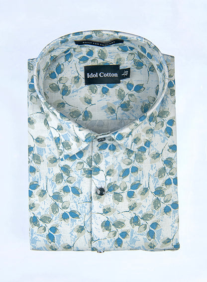 Linen All Over Leafy Vine Print Light Cream Base With Green And Blue Leaves