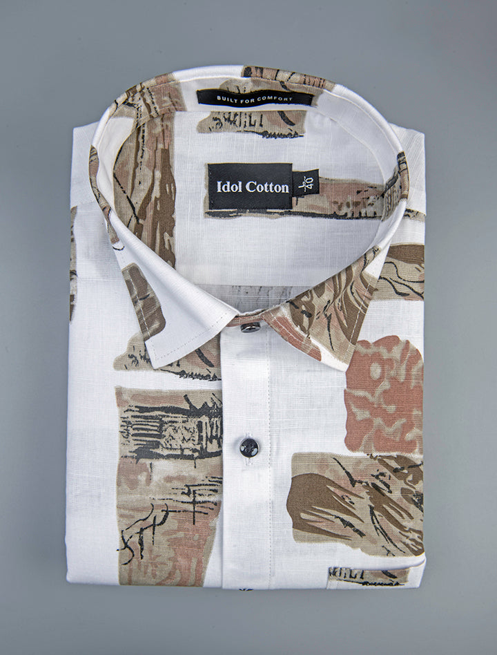 Linen Graphics Printed Shirt While With Brown Mix