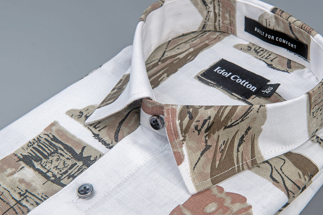 Linen Graphics Printed Shirt While With Brown Mix