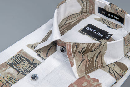 Linen Graphics Printed Shirt While With Brown Mix