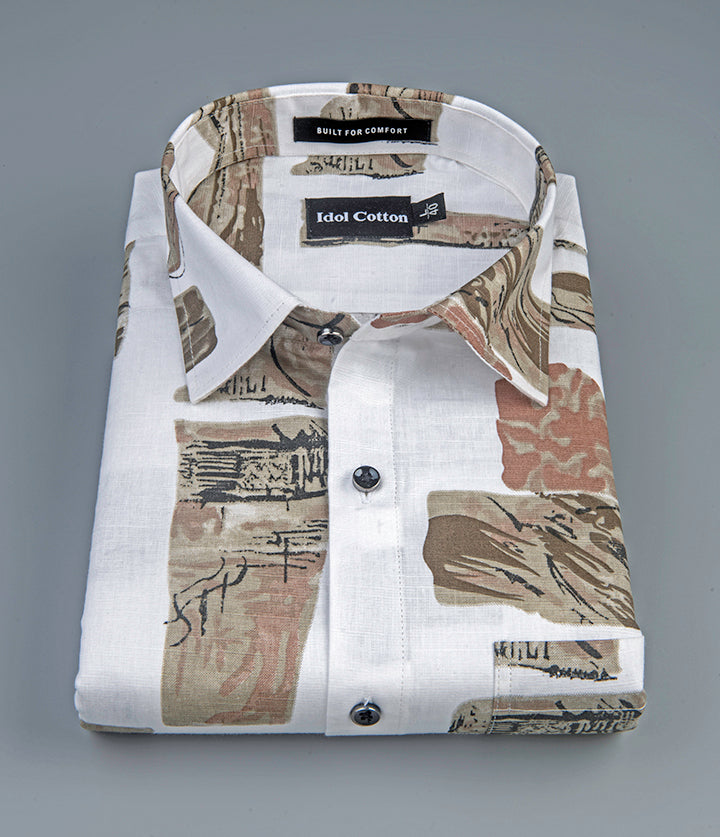 Linen Graphics Printed Shirt While With Brown Mix