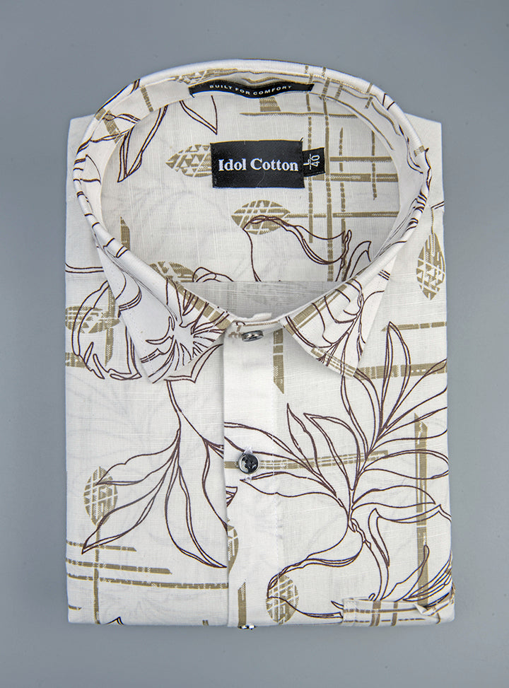 Linen Floral Line Art Print Olive Green Dark Brown