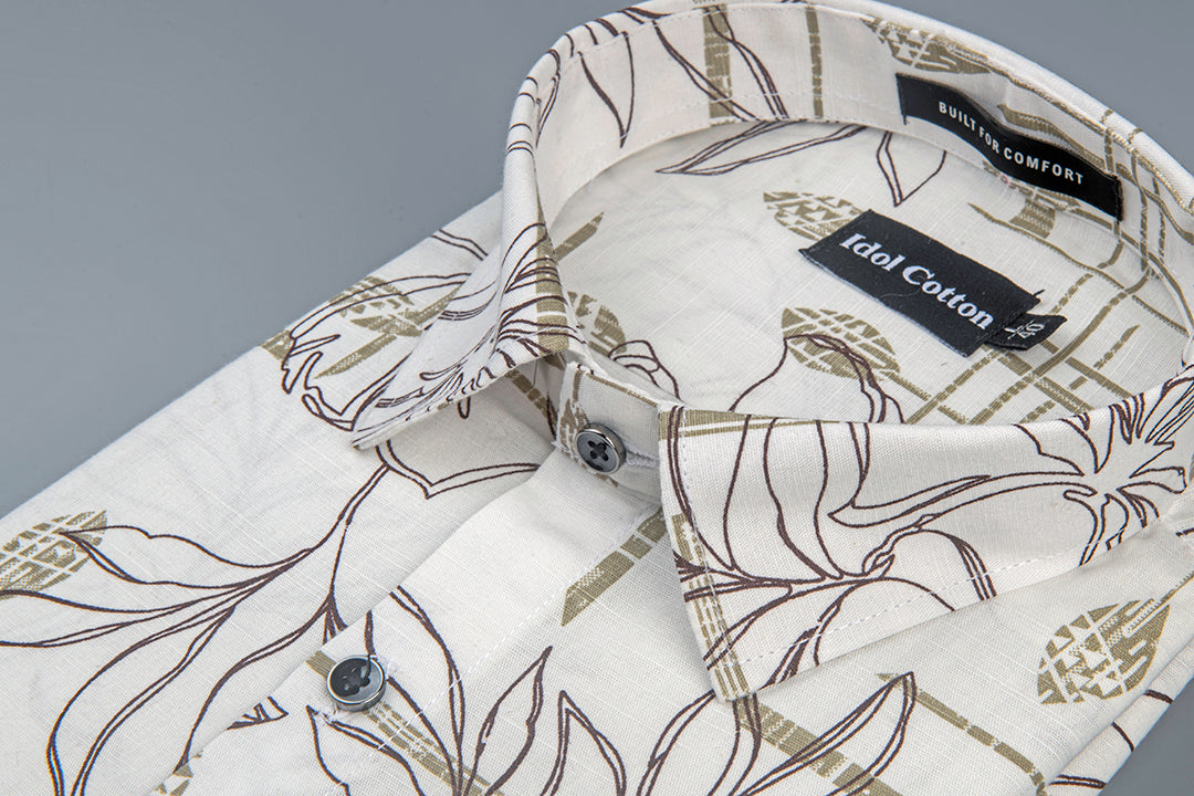 Linen Floral Line Art Print Olive Green Dark Brown