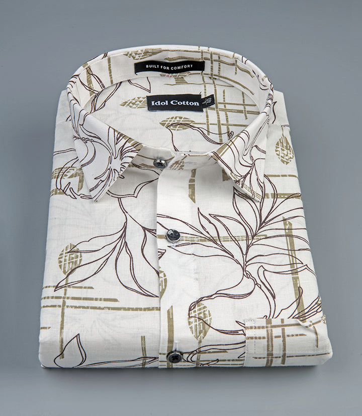 Linen Floral Line Art Print Olive Green Dark Brown